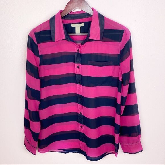 Banana Republic Sheer Rugby Stripe Button Front Shirt Small Pink Black - Picture 7 of 9